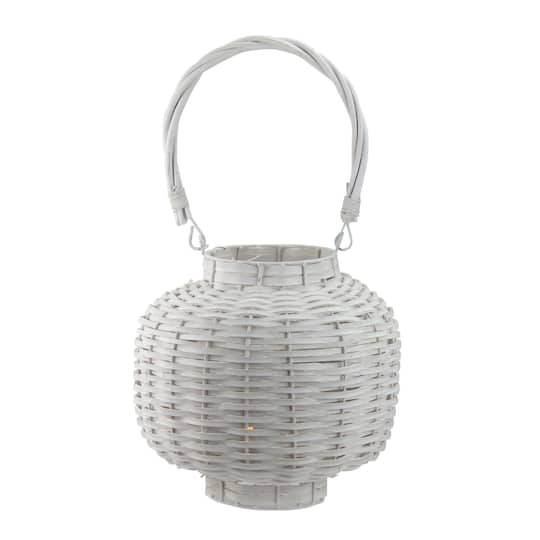 17.5" Beach Day Woven Wood Pillar Candle Lantern, White